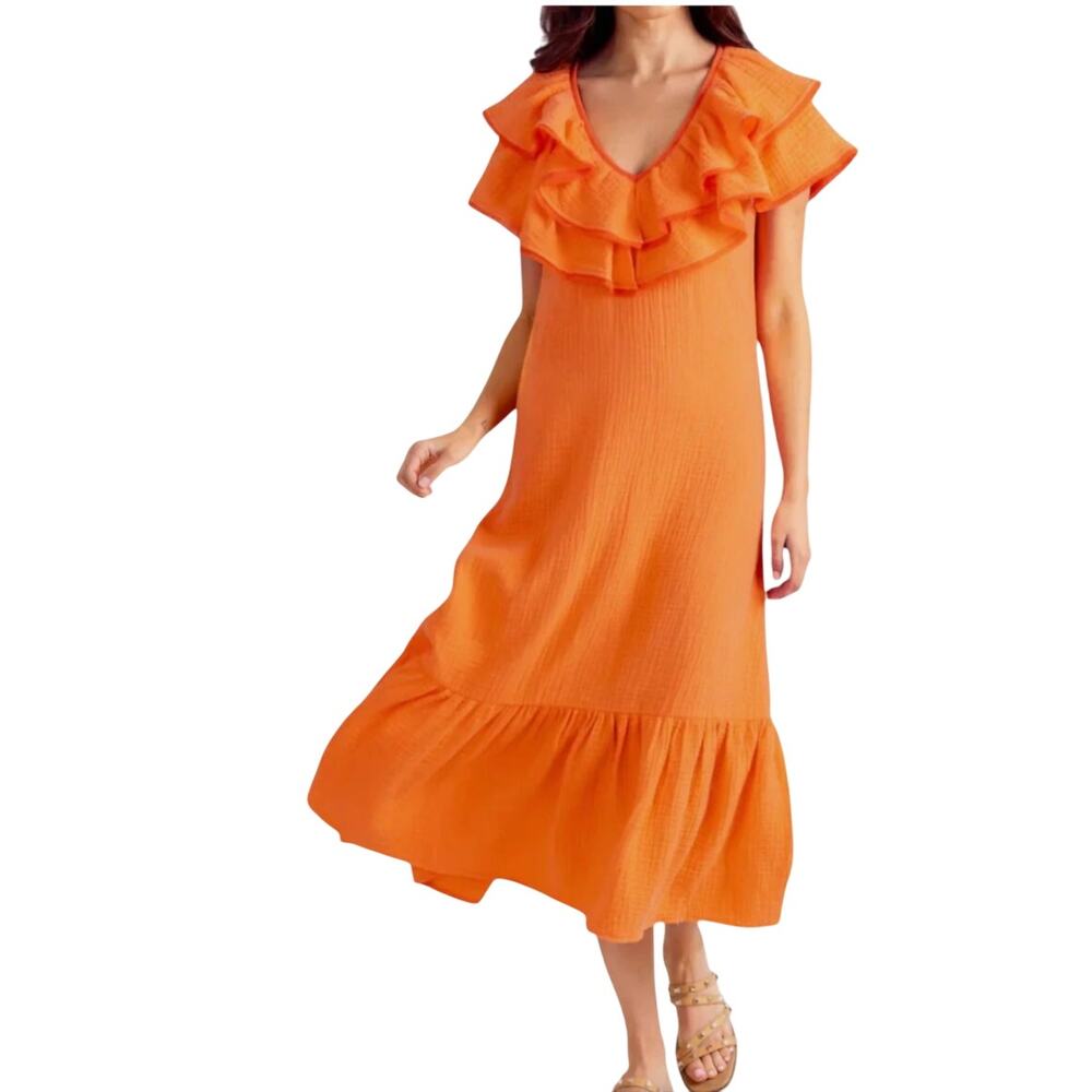 S’edge Anna Dress, Cotton, Guava Orange, Ruffle Detail, Sz Large, 249$